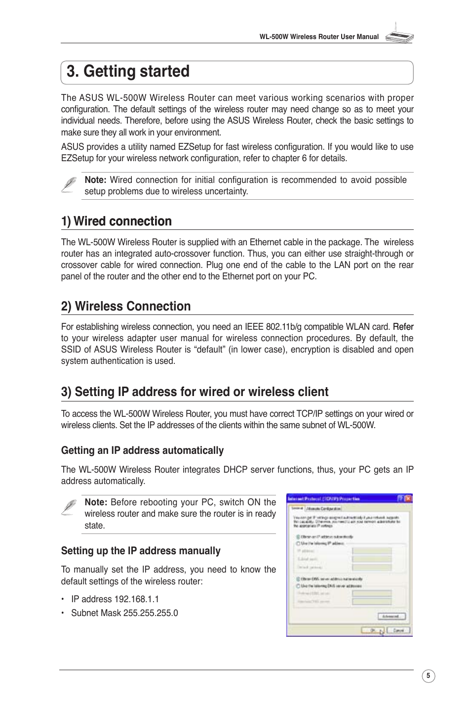 Getting started, 1) wired connection ired connection, 2) wireless connection | 3) setting ip address for wired or wireless client | Asus WL-500W User Manual | Page 7 / 56