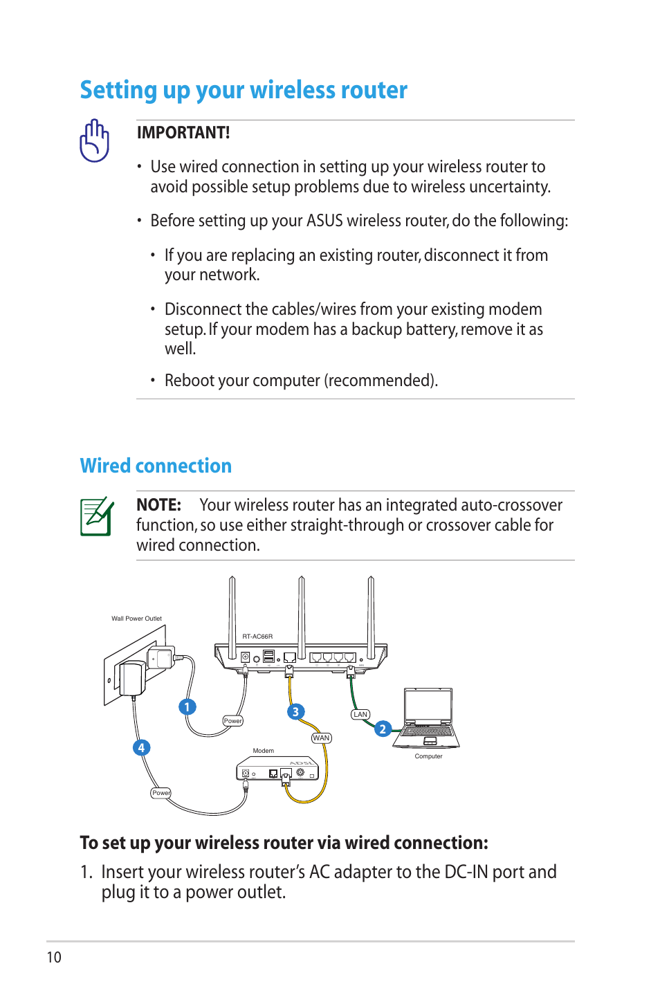 Setting up your wireless router, Wired connection | Asus RT-AC66R User Manual | Page 10 / 70