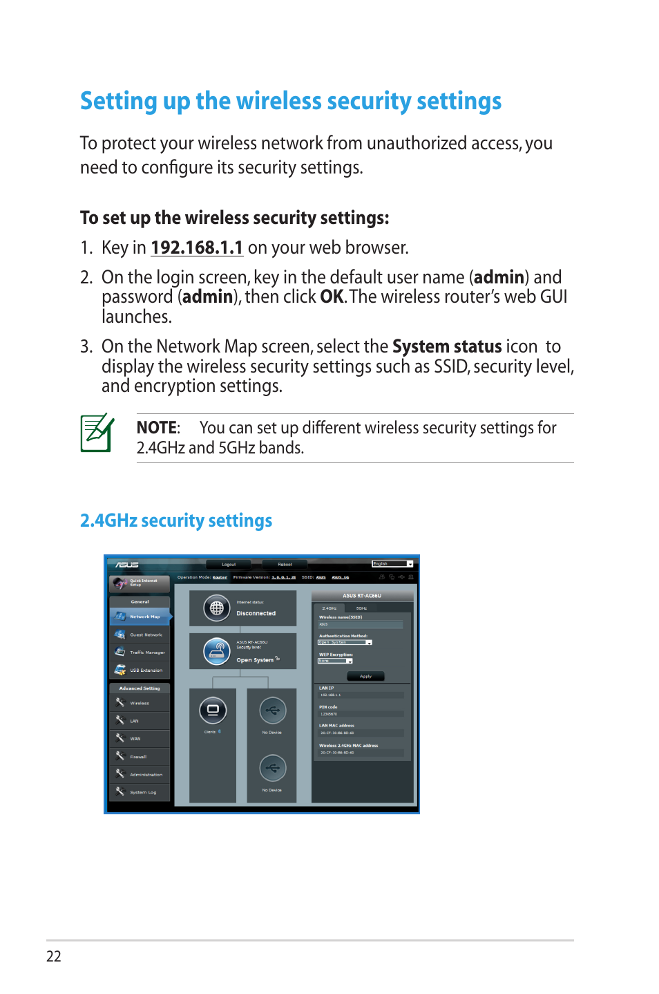 Setting up the wireless security settings | Asus RT-AC66R User Manual | Page 22 / 70