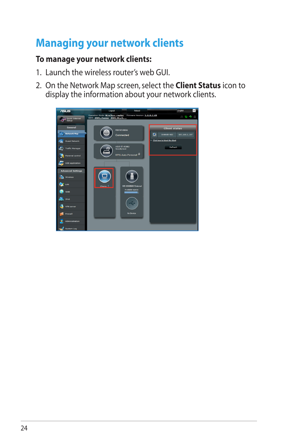 Managing your network clients | Asus RT-AC66R User Manual | Page 24 / 70