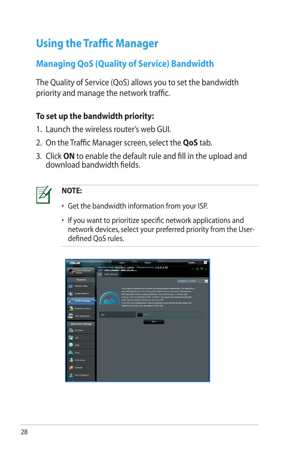 Using the traffic manager, Managing qos (quality of service) bandwidth | Asus RT-AC66R User Manual | Page 28 / 70