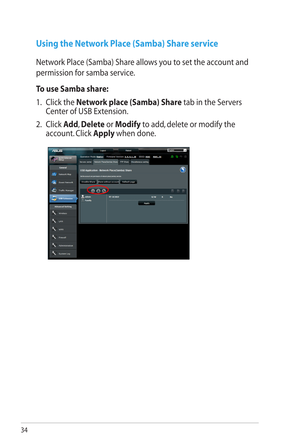 Using the network place (samba) share service | Asus RT-AC66R User Manual | Page 34 / 70