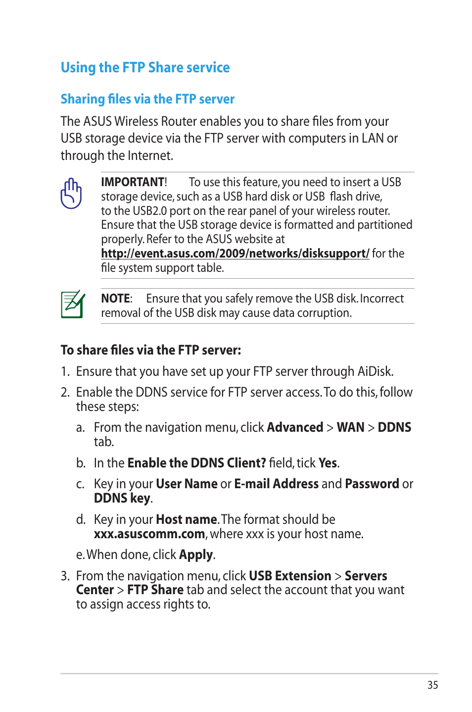 Using the ftp share service | Asus RT-AC66R User Manual | Page 35 / 70