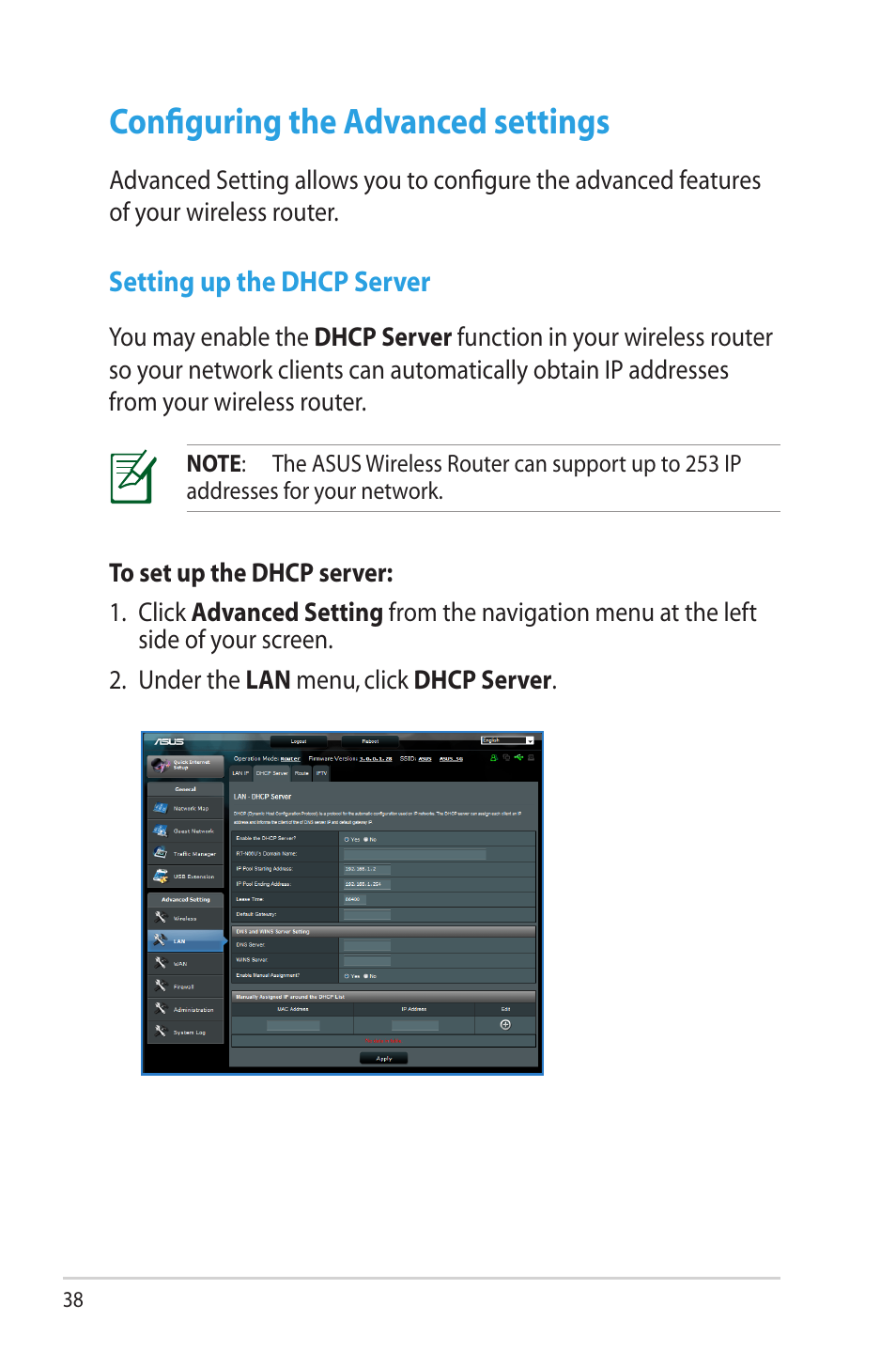 Configuring the advanced settings, Setting up the dhcp server | Asus RT-AC66R User Manual | Page 38 / 70