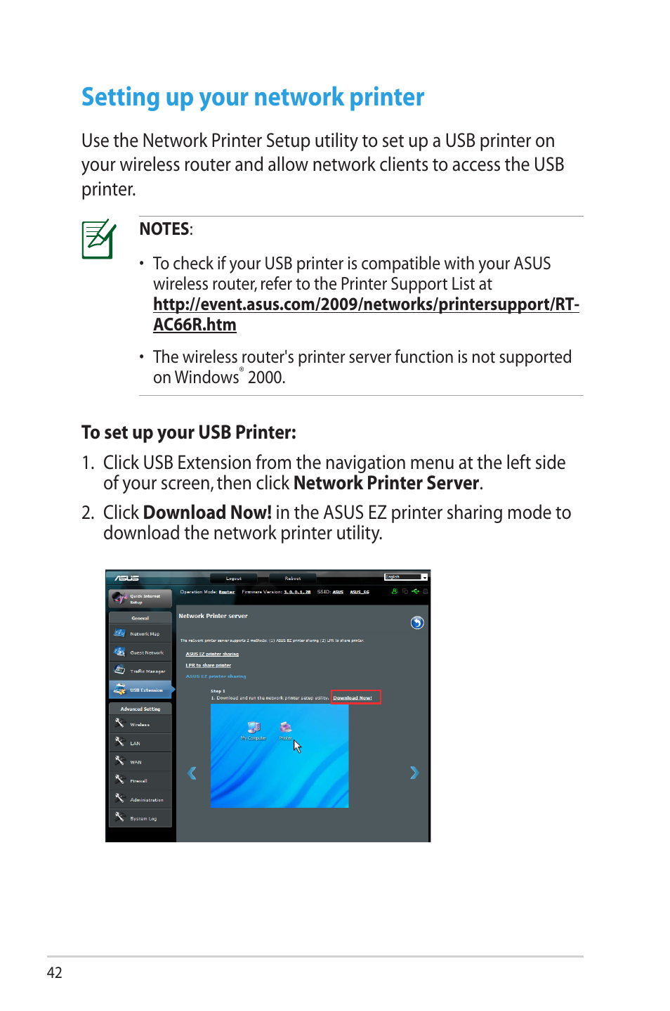 Setting up your network printer | Asus RT-AC66R User Manual | Page 42 / 70