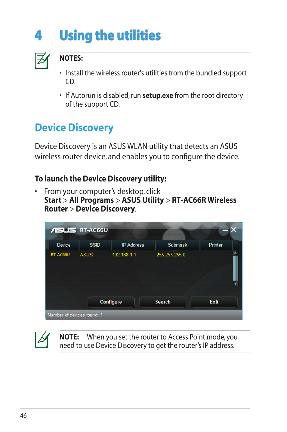 4 using the utilities, Device discovery | Asus RT-AC66R User Manual | Page 46 / 70