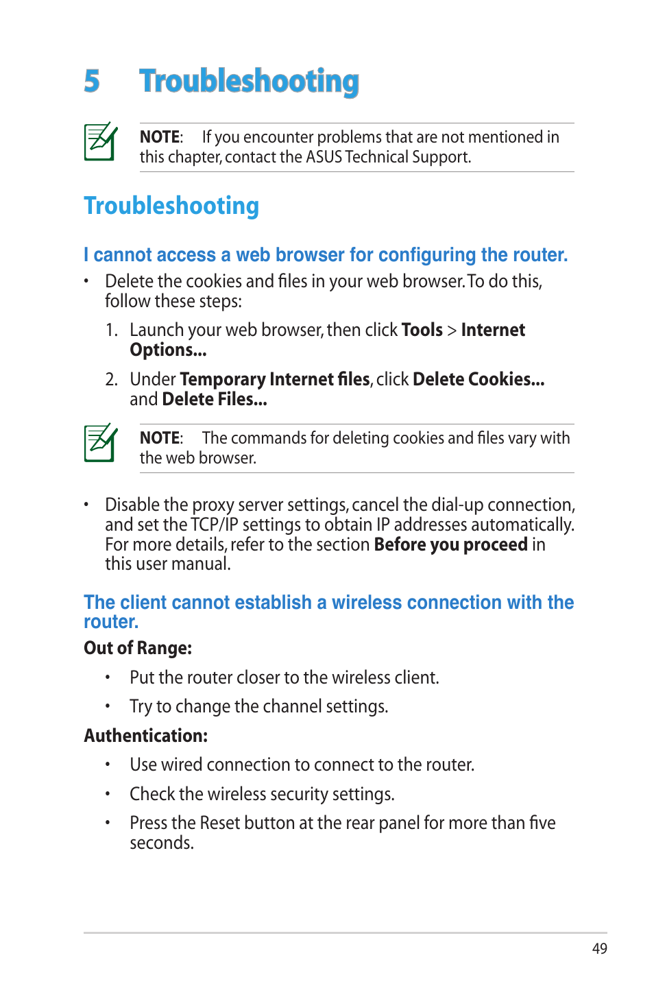 5 troubleshooting, Troubleshooting | Asus RT-AC66R User Manual | Page 49 / 70