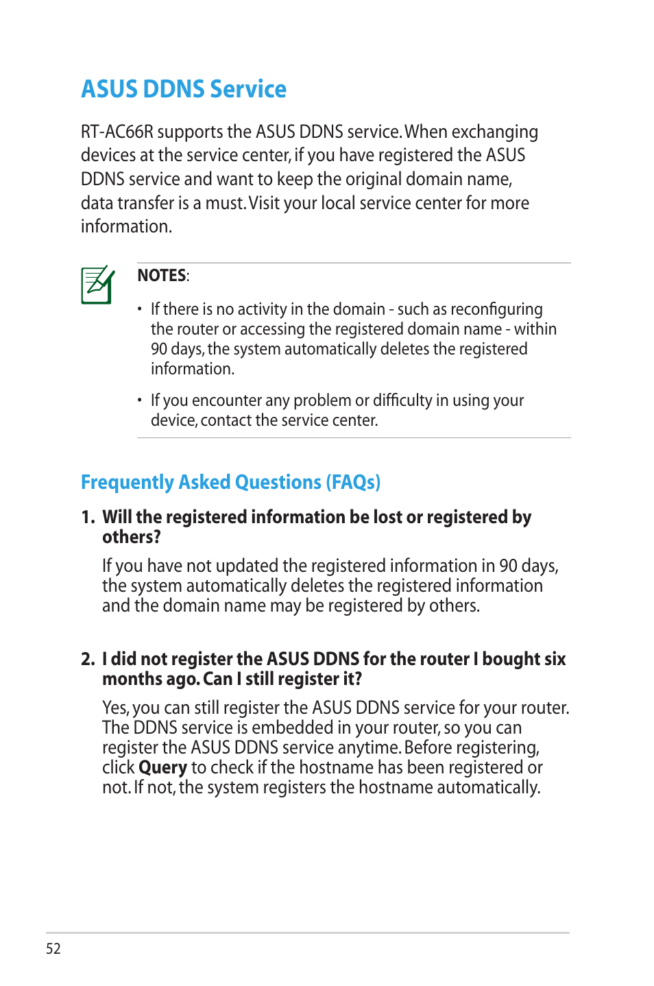 Asus ddns service, Frequently asked questions (faqs) | Asus RT-AC66R User Manual | Page 52 / 70
