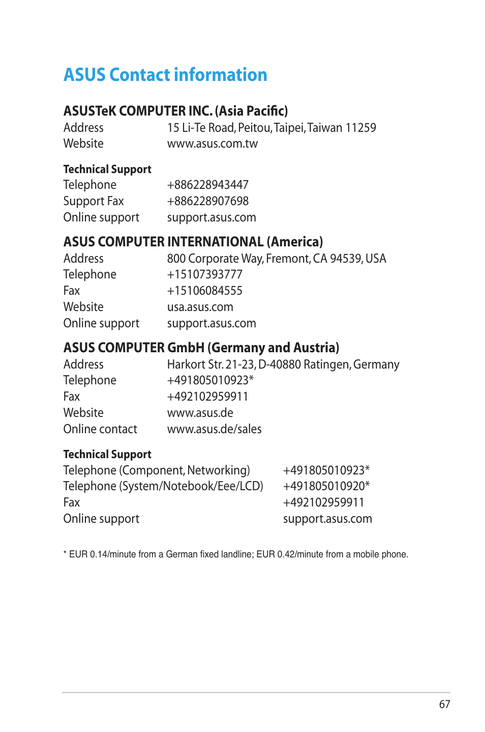 Asus contact information | Asus RT-AC66R User Manual | Page 67 / 70