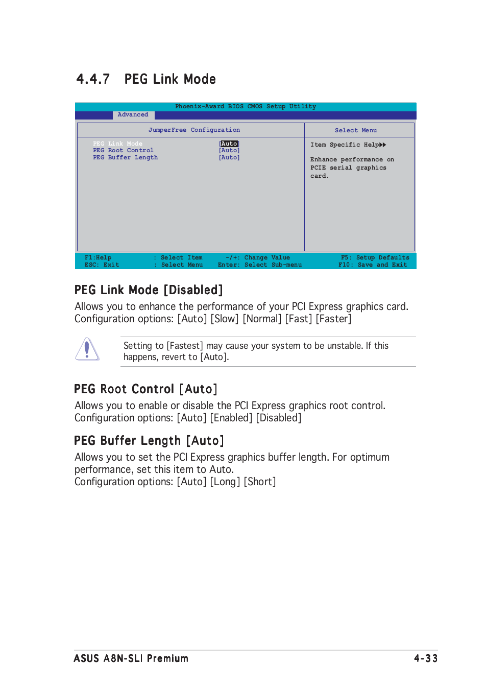 Peg link mode [disabled, Peg root control [auto, Peg buffer length [auto | Asus A8N-SLI Premium User Manual | Page 101 / 182