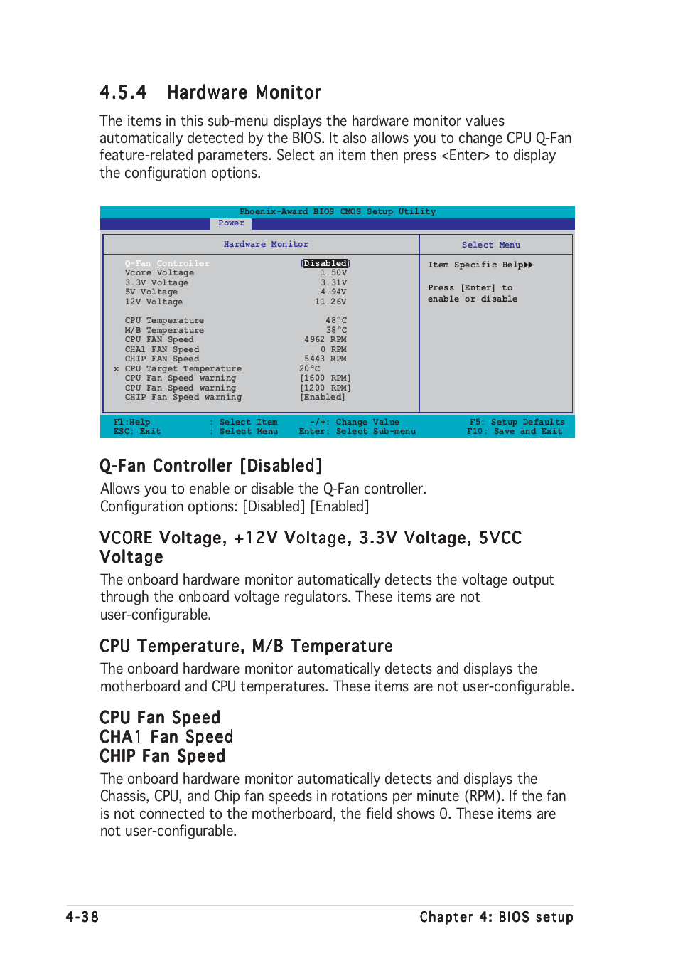 Q-fan controller [disabled, Cpu temperature, m/b temperature, Cpu fan speed | Asus A8N-SLI Premium User Manual | Page 106 / 182