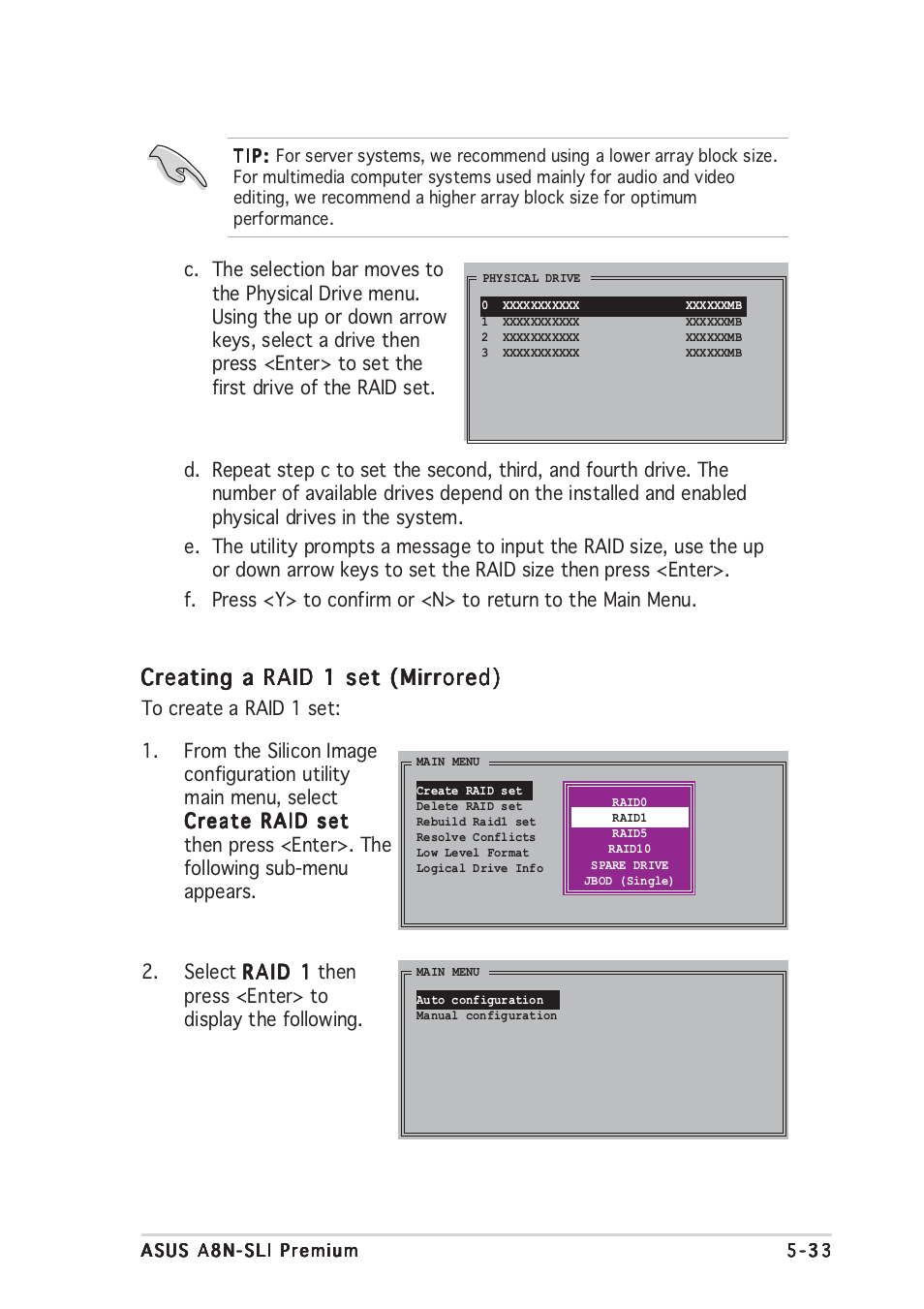 Creating a raid 1 set (mirrored) | Asus A8N-SLI Premium User Manual | Page 151 / 182