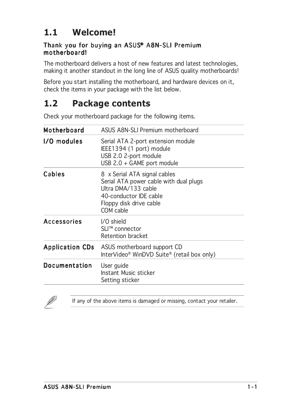 1 welcome, 2 package contents | Asus A8N-SLI Premium User Manual | Page 17 / 182