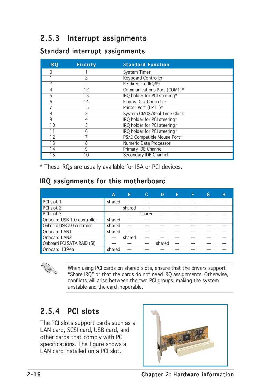 Standard interrupt assignments, Irq assignments for this motherboard | Asus A8N-SLI Premium User Manual | Page 42 / 182