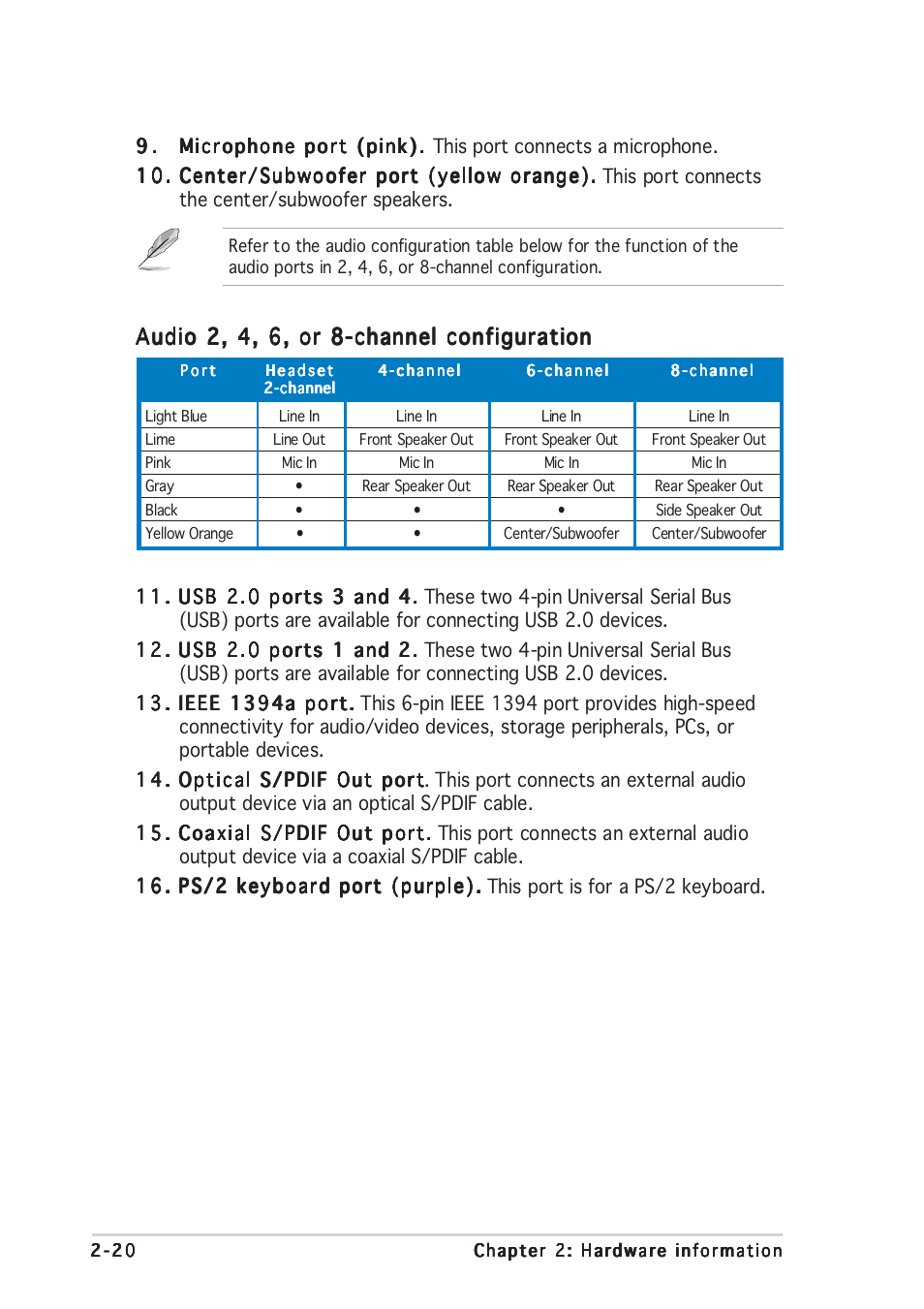 Audio 2, 4, 6, or 8-channel configuration | Asus A8N-SLI Premium User Manual | Page 46 / 182