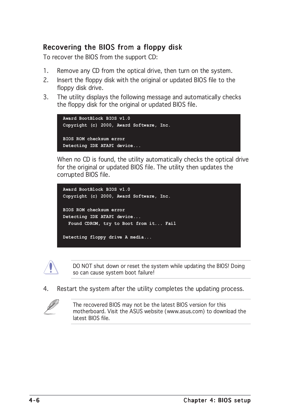 Recovering the bios from a floppy disk | Asus A8N-SLI Premium User Manual | Page 74 / 182