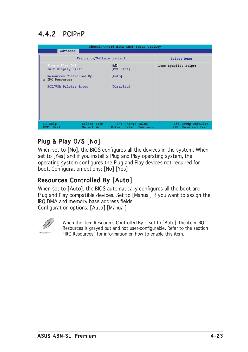2 pcipnp pcipnp pcipnp pcipnp pcipnp, Plug & play o/s [no, Resources controlled by [auto | Asus A8N-SLI Premium User Manual | Page 91 / 182