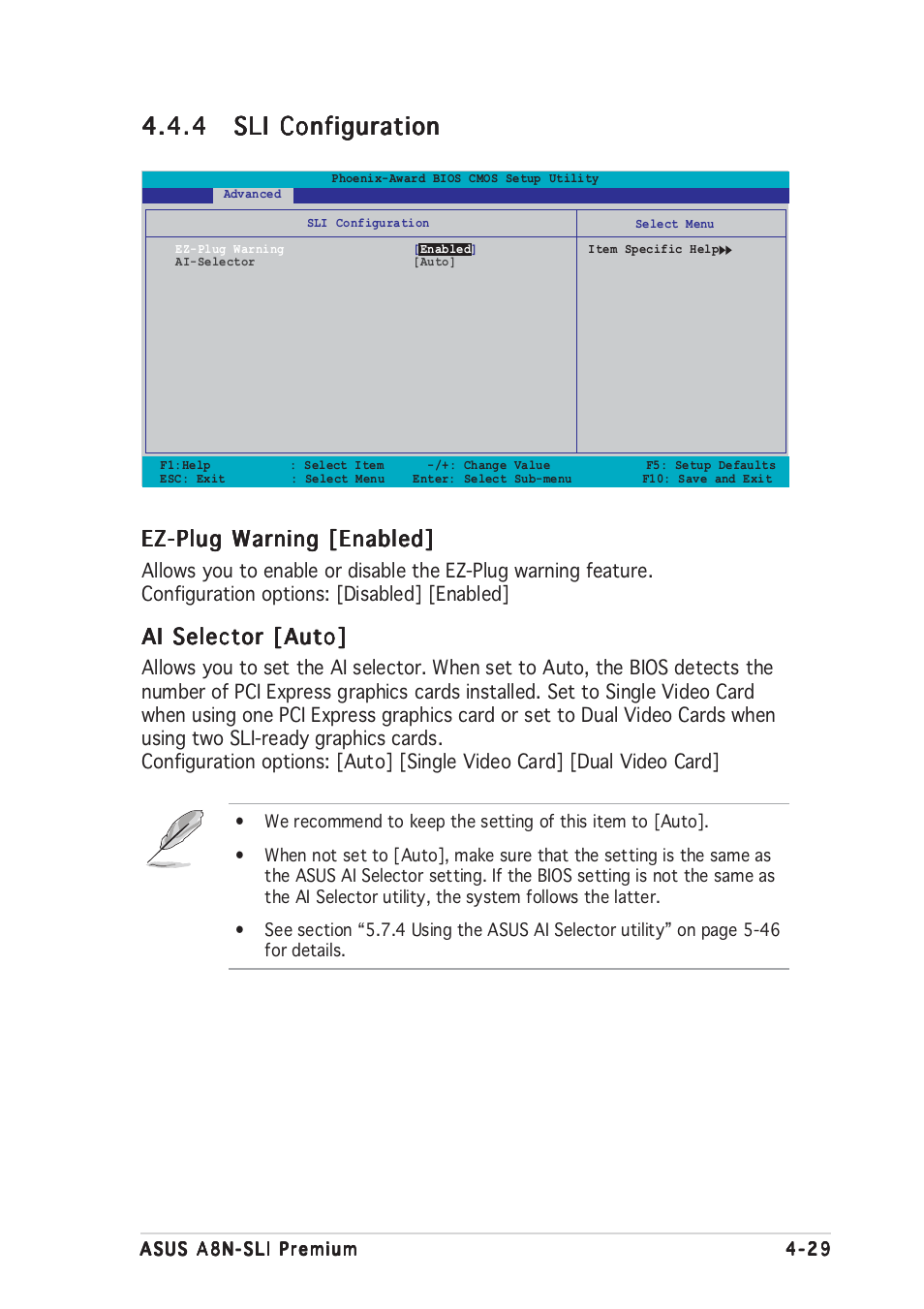 Ez-plug warning [enabled, Ai selector [auto | Asus A8N-SLI Premium User Manual | Page 97 / 182