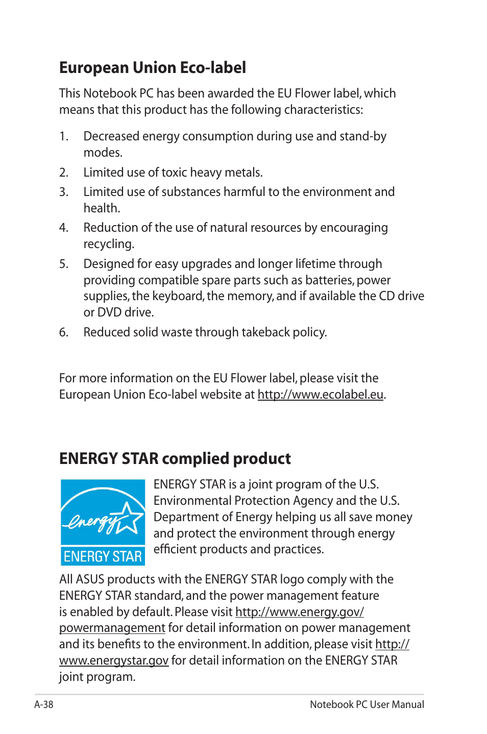 European union eco-label, Energy star complied product | Asus X5QSL User Manual | Page 110 / 114