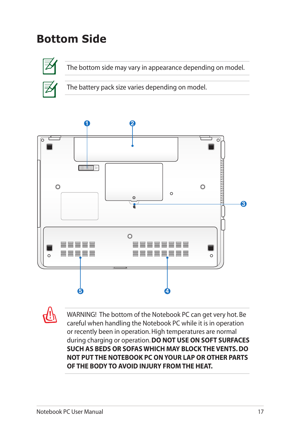 Bottom side | Asus X5QSL User Manual | Page 17 / 114