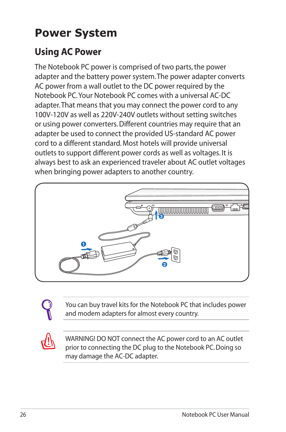 Power system, Using ac power | Asus X5QSL User Manual | Page 26 / 114