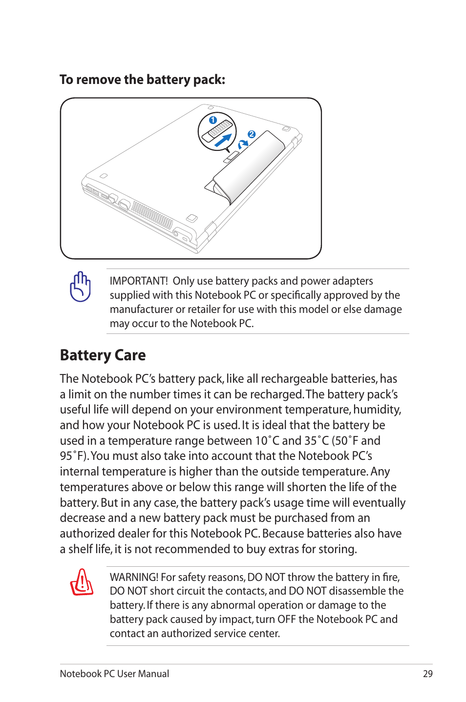 Battery care | Asus X5QSL User Manual | Page 29 / 114