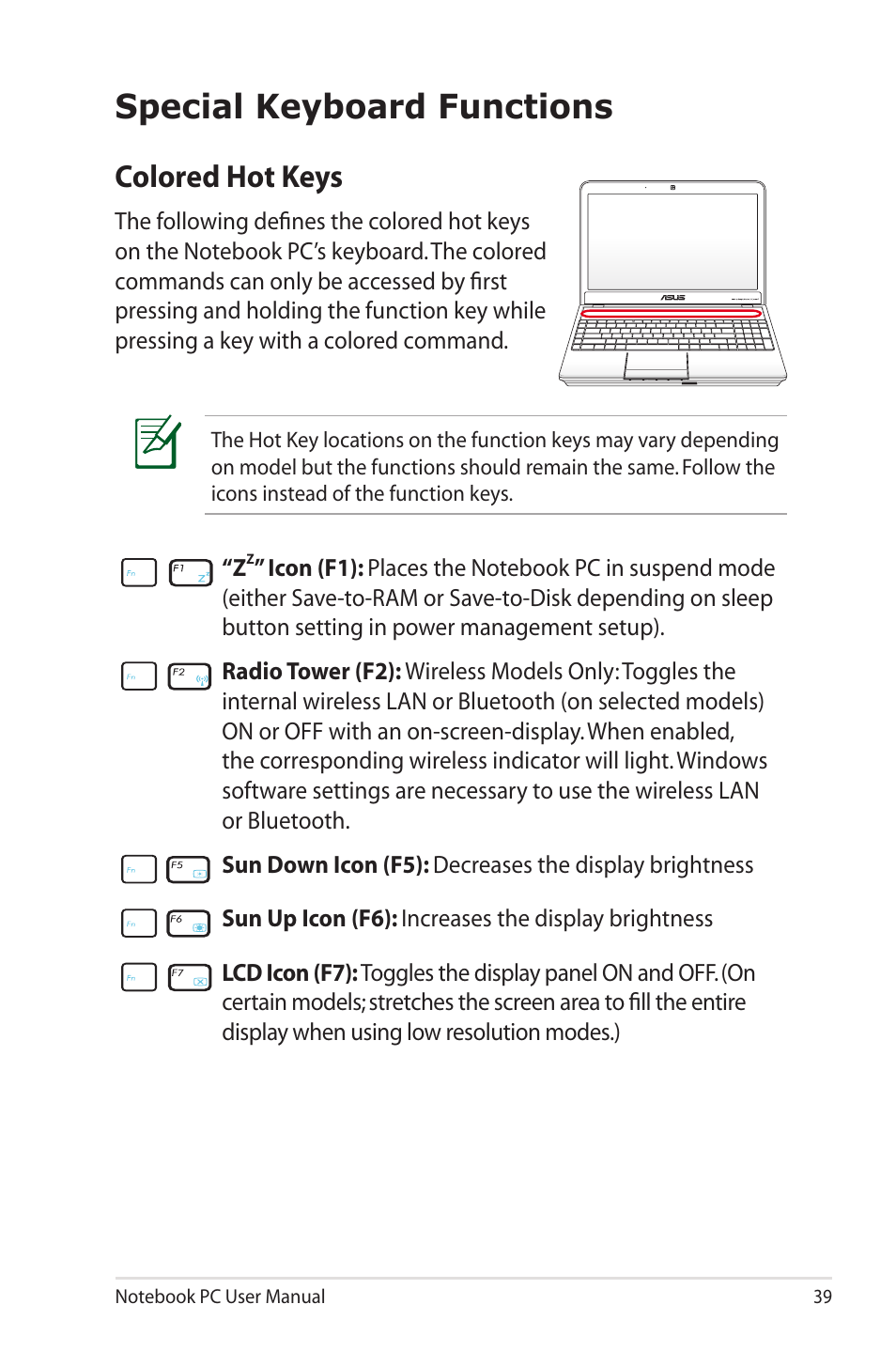 Special keyboard functions, Colored hot keys | Asus X5QSL User Manual | Page 39 / 114