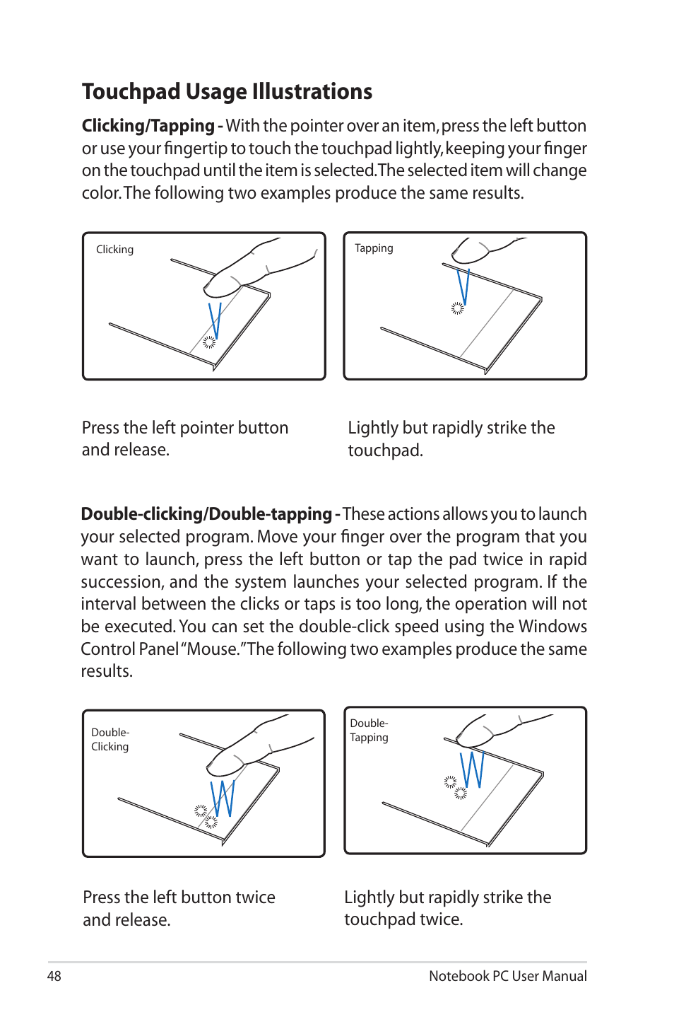 Touchpad usage illustrations | Asus X5QSL User Manual | Page 48 / 114