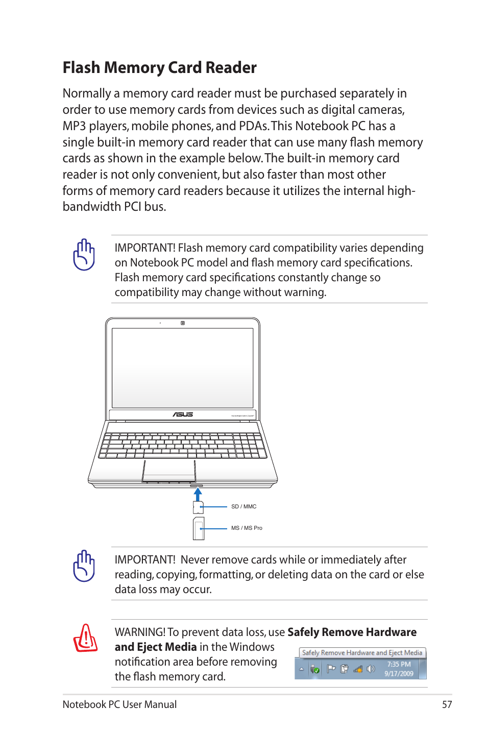 Flash memory card reader | Asus X5QSL User Manual | Page 57 / 114