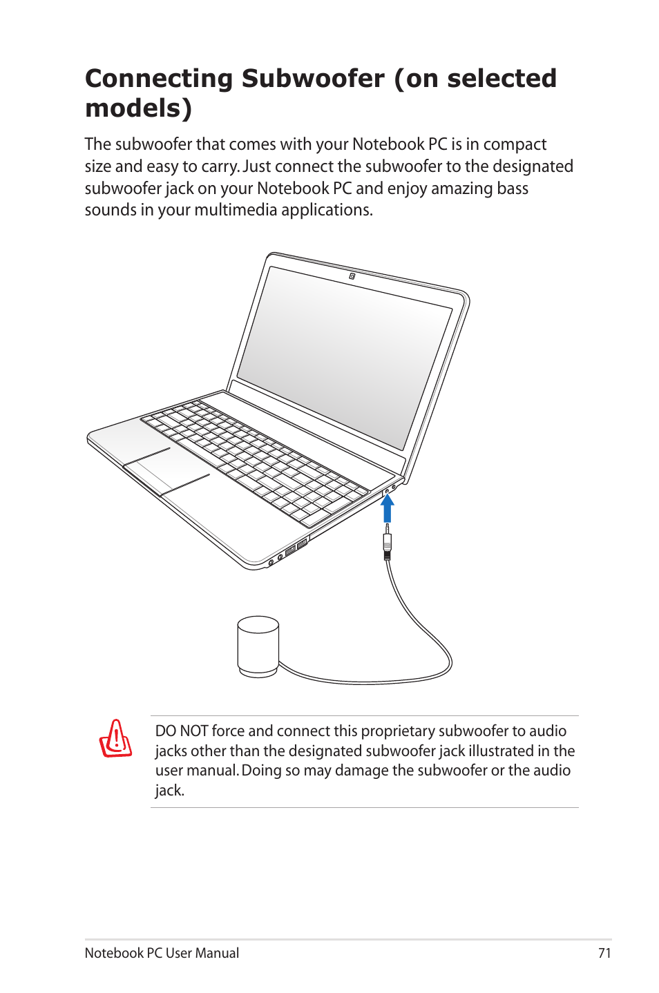 Connecting subwoofer (on selected models) | Asus X5QSL User Manual | Page 71 / 114