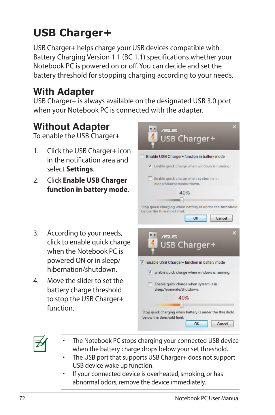 Usb charger, With adapter, Without adapter | Asus X5QSL User Manual | Page 72 / 114