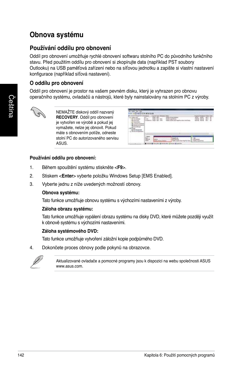 Obnova systému, Čeština, Používání oddílu pro obnovení | Asus CG8270 User Manual | Page 144 / 534