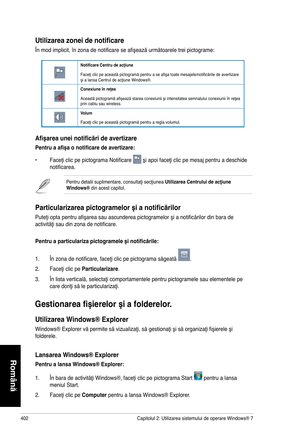 Gestionarea fişierelor şi a folderelor, Română, Utilizarea zonei de notificare | Particularizarea pictogramelor şi a notificărilor, Utilizarea windows® explorer | Asus CG8270 User Manual | Page 404 / 534