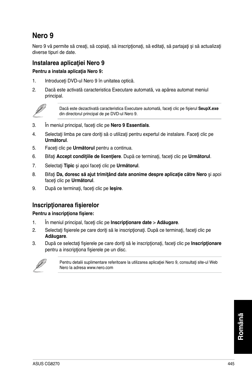 Nero 9, Română, Instalarea aplicaţiei nero 9 | Inscripţionarea fişierelor | Asus CG8270 User Manual | Page 447 / 534