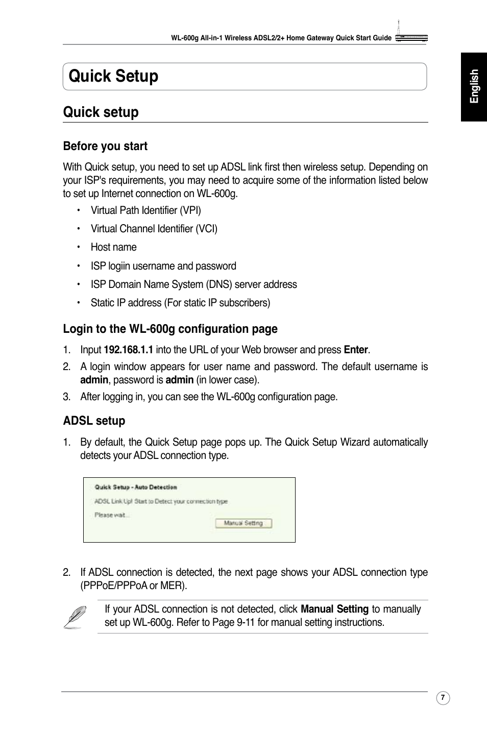 Quick setup | Asus WL-600g User Manual | Page 10 / 227