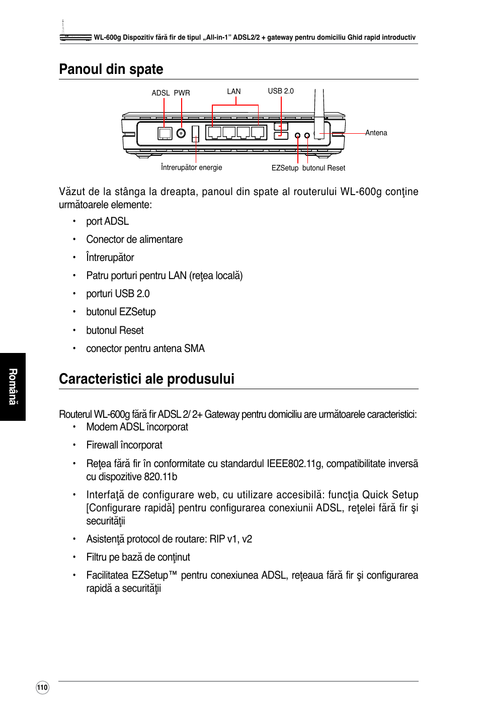 Panoul din spate, Caracteristici ale produsului | Asus WL-600g User Manual | Page 121 / 227