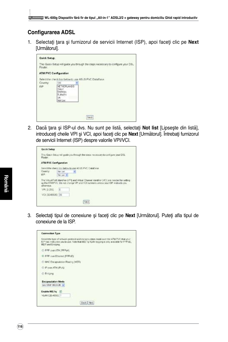 Configurarea adsl | Asus WL-600g User Manual | Page 127 / 227