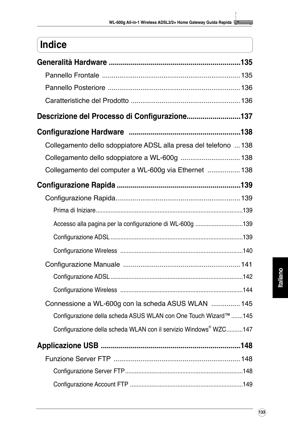 Indice, Generalità hardware, Configurazione rapida | Applicazione usb | Asus WL-600g User Manual | Page 146 / 227