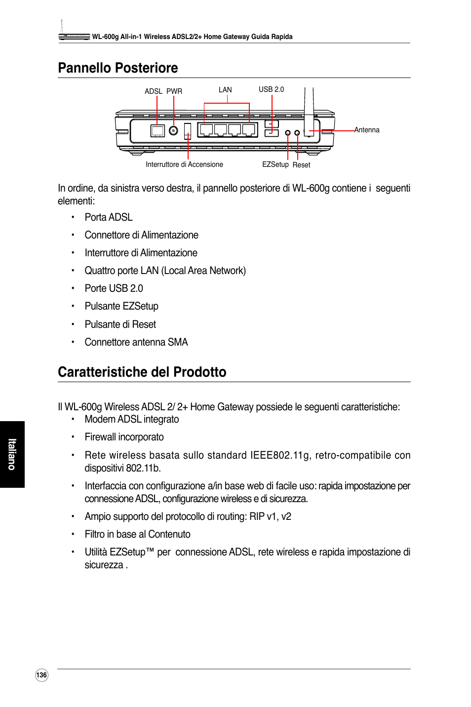 Pannello posteriore, Caratteristiche del prodotto | Asus WL-600g User Manual | Page 149 / 227