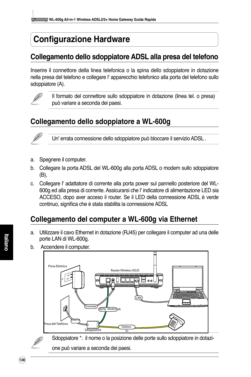 Configurazione hardware, Collegamento dello sdoppiatore a wl-600g, Collegamento del computer a wl-600g via ethernet | Asus WL-600g User Manual | Page 151 / 227