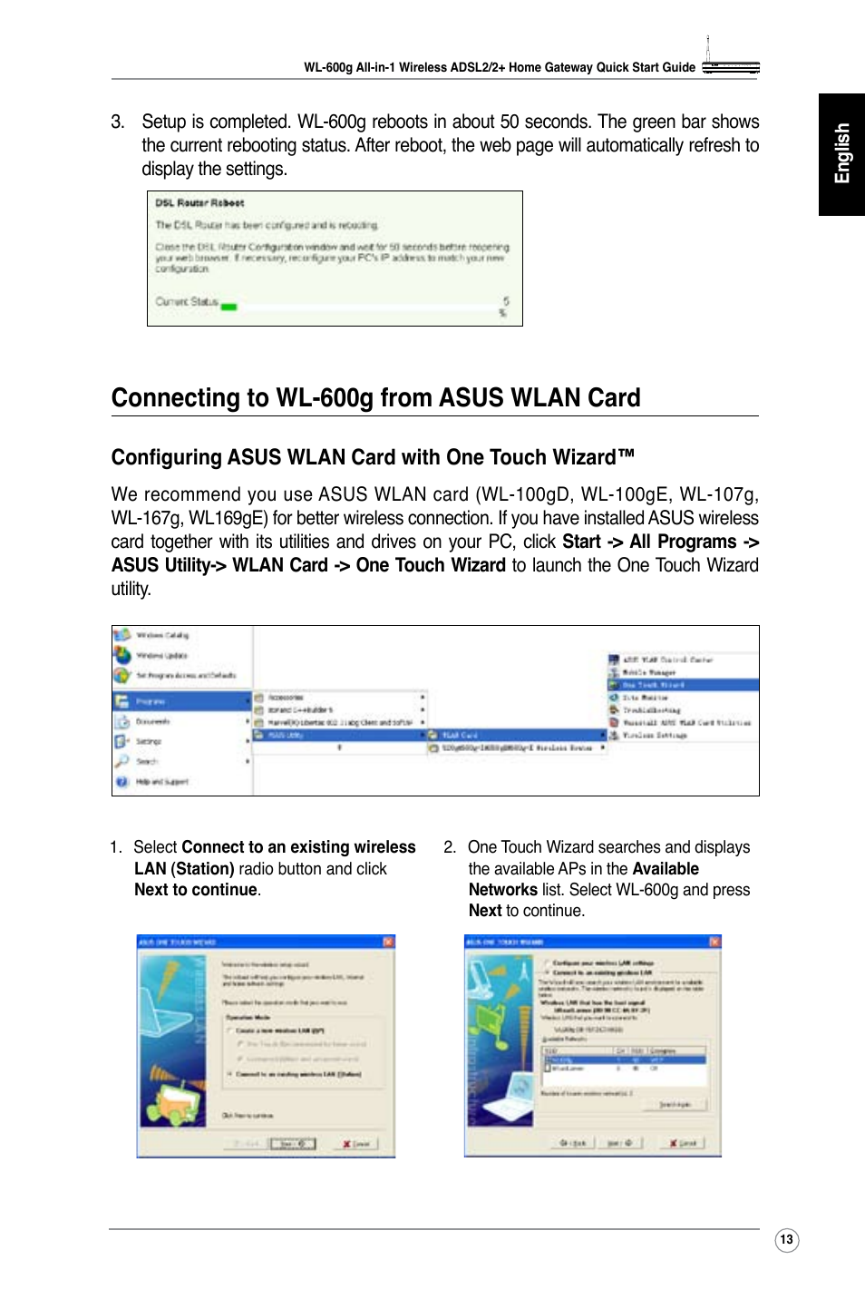 Connecting to wl-600g from asus wlan card | Asus WL-600g User Manual | Page 16 / 227