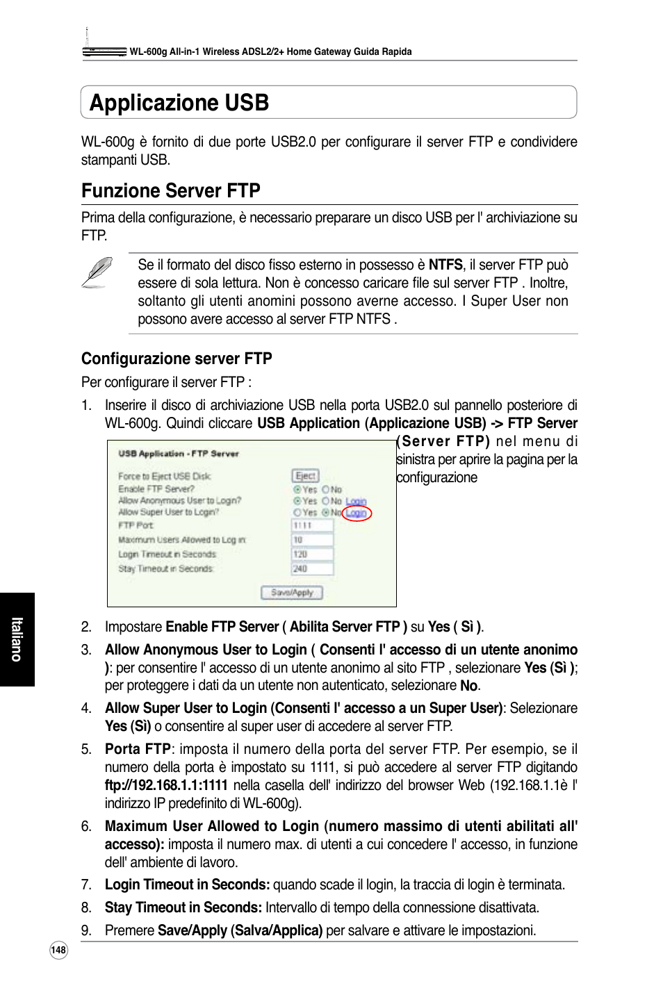 Applicazione usb, Funzione server ftp | Asus WL-600g User Manual | Page 161 / 227