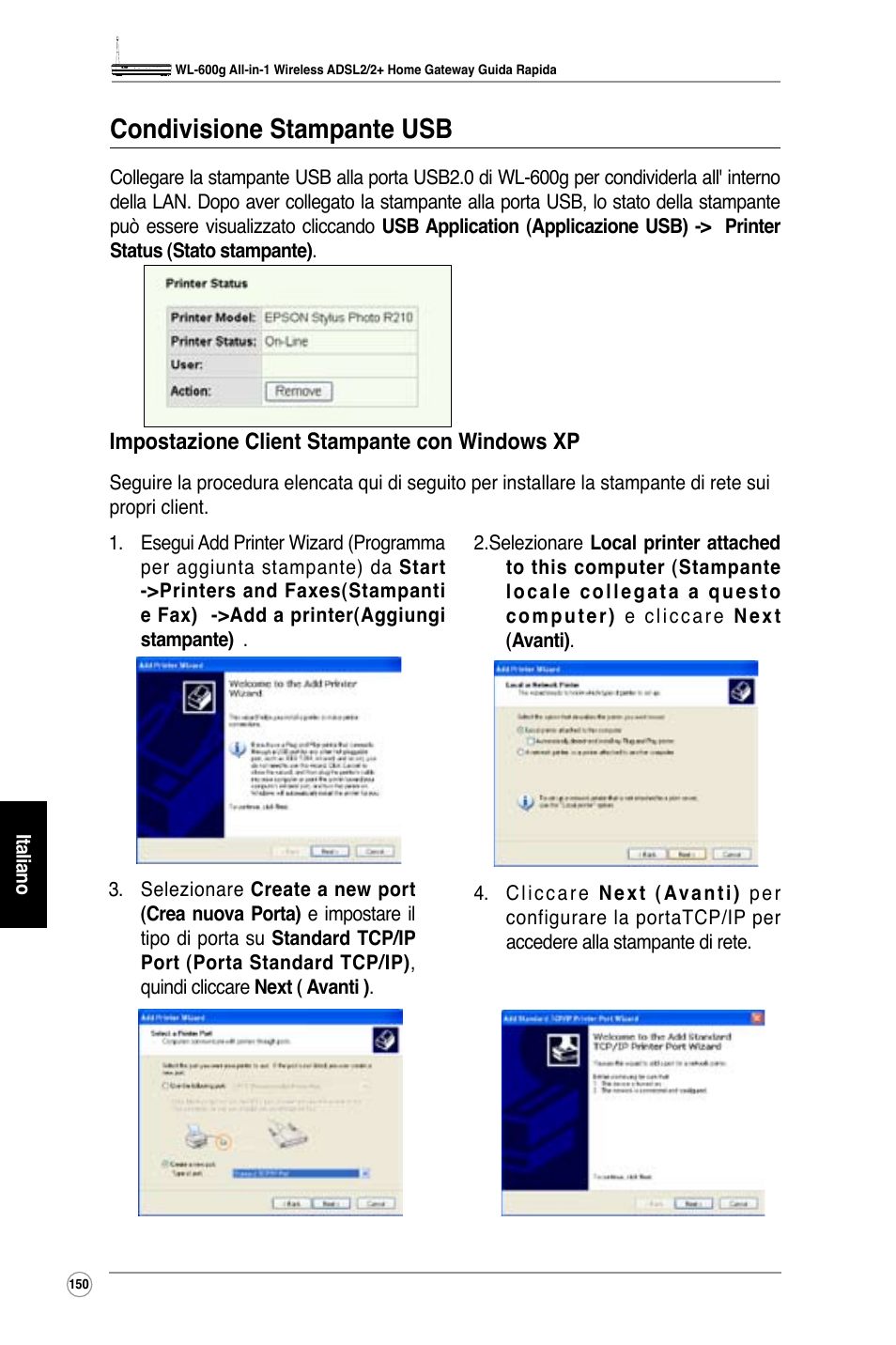 Condivisione stampante usb | Asus WL-600g User Manual | Page 163 / 227