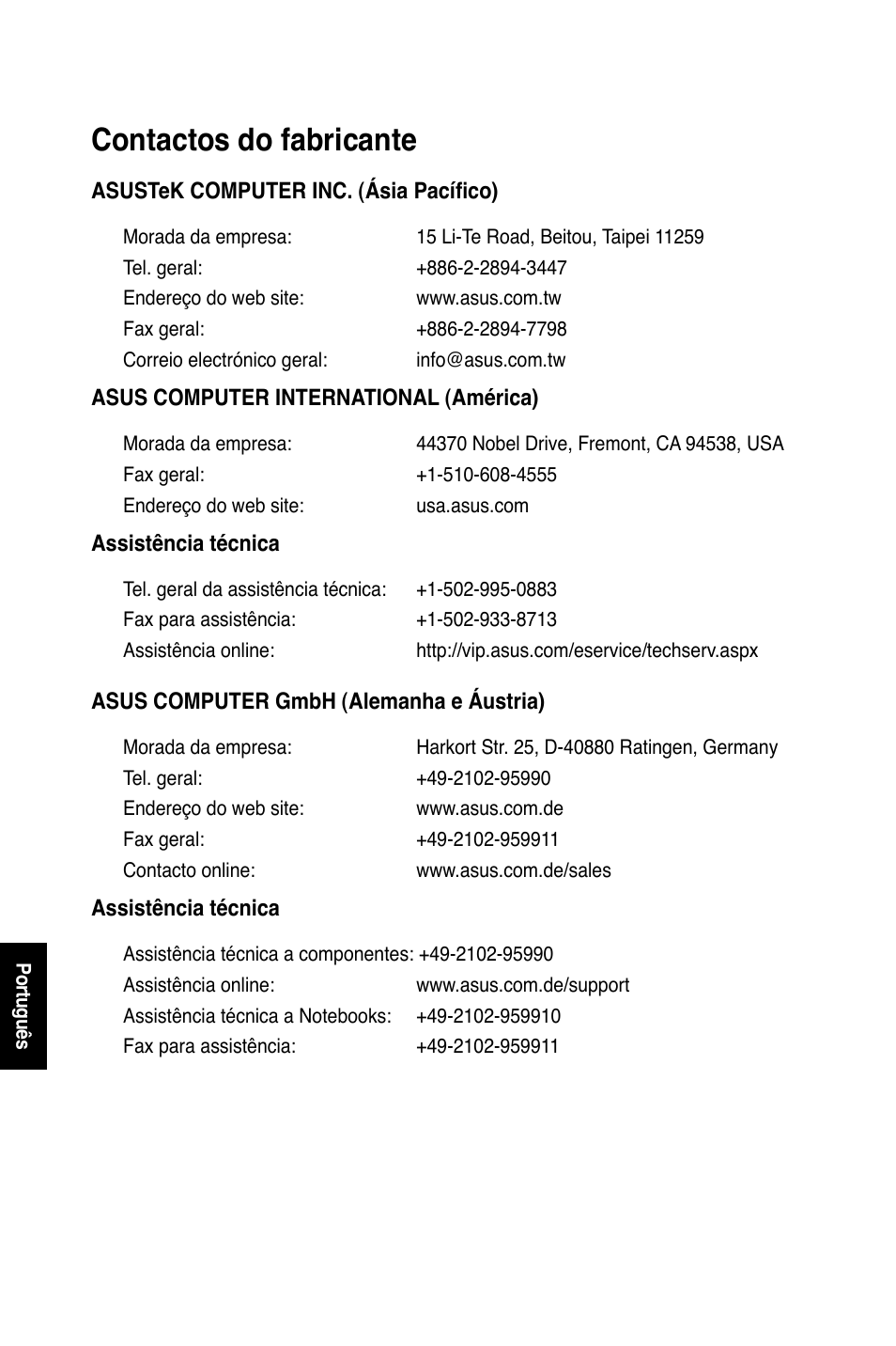 Contactos do fabricante | Asus WL-600g User Manual | Page 173 / 227