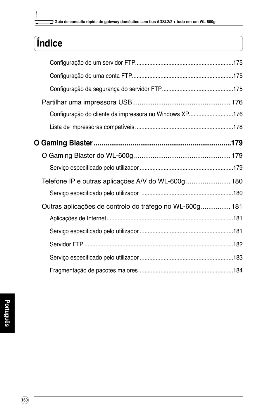 Índice, O gaming blaster | Asus WL-600g User Manual | Page 175 / 227