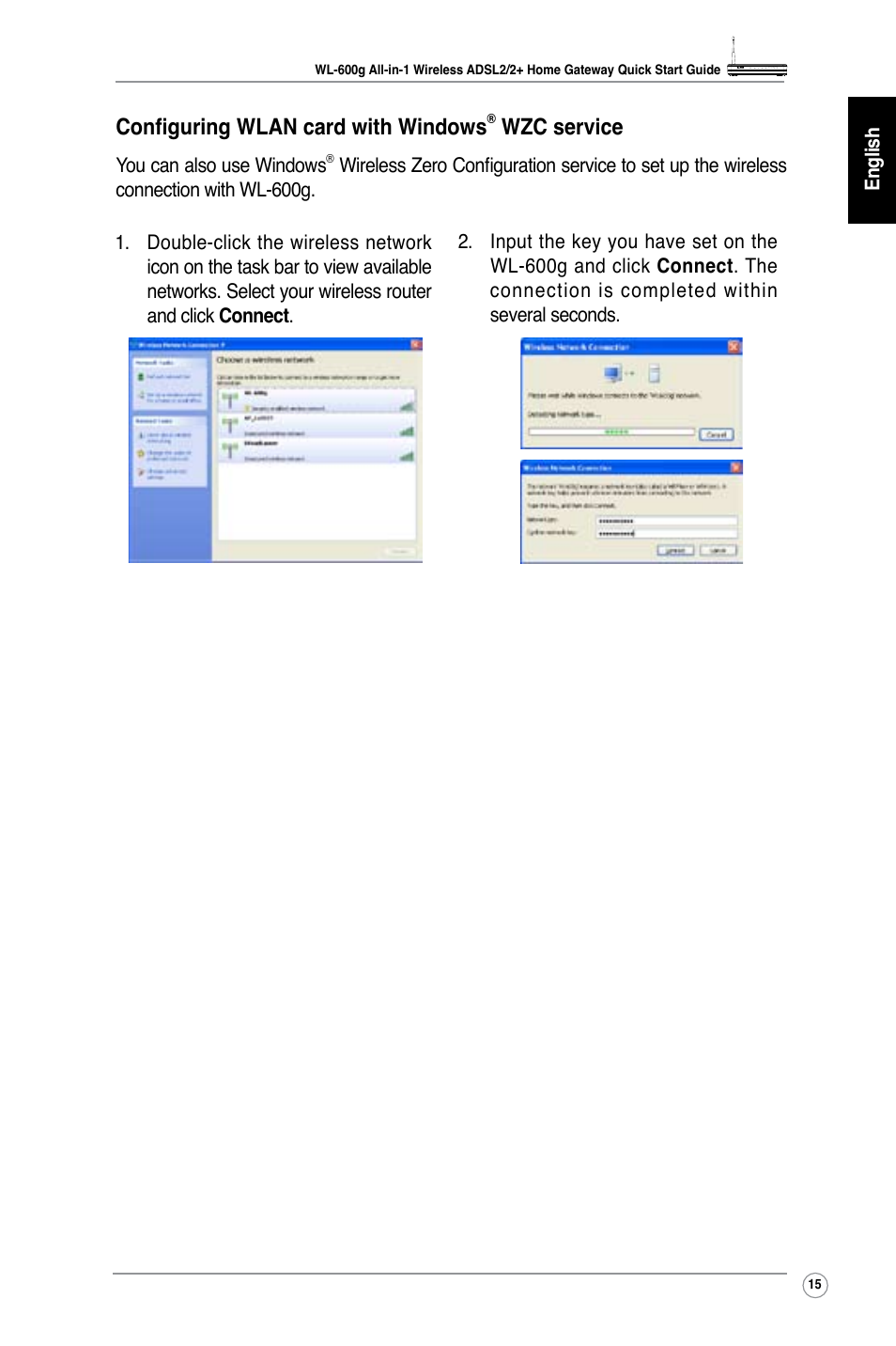 Configuring wlan card with windows, Wzc service | Asus WL-600g User Manual | Page 18 / 227