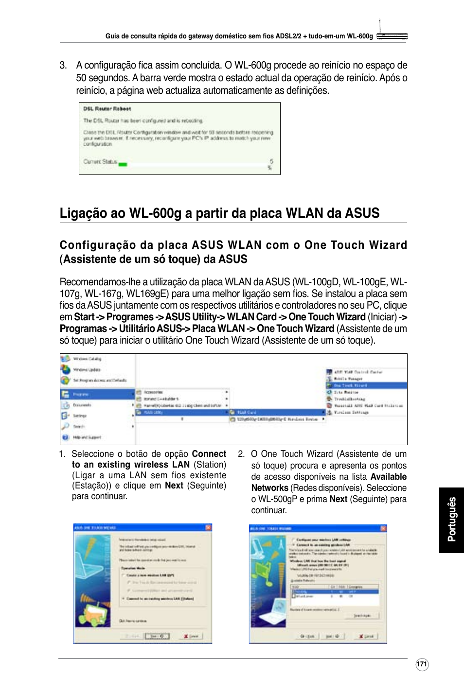 Ligação ao wl-600g a partir da placa wlan da asus | Asus WL-600g User Manual | Page 186 / 227