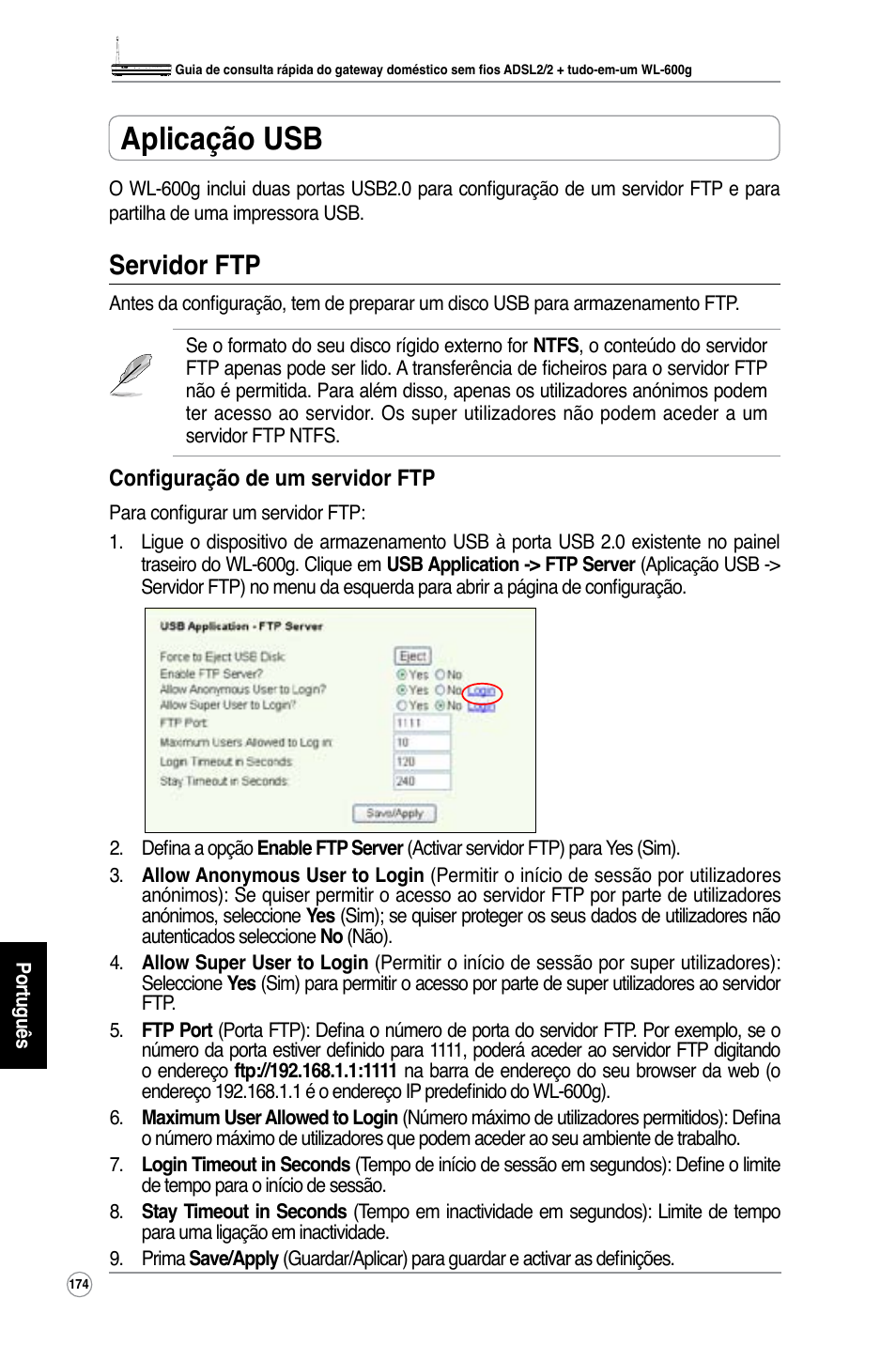 Aplicação usb, Servidor ftp | Asus WL-600g User Manual | Page 189 / 227