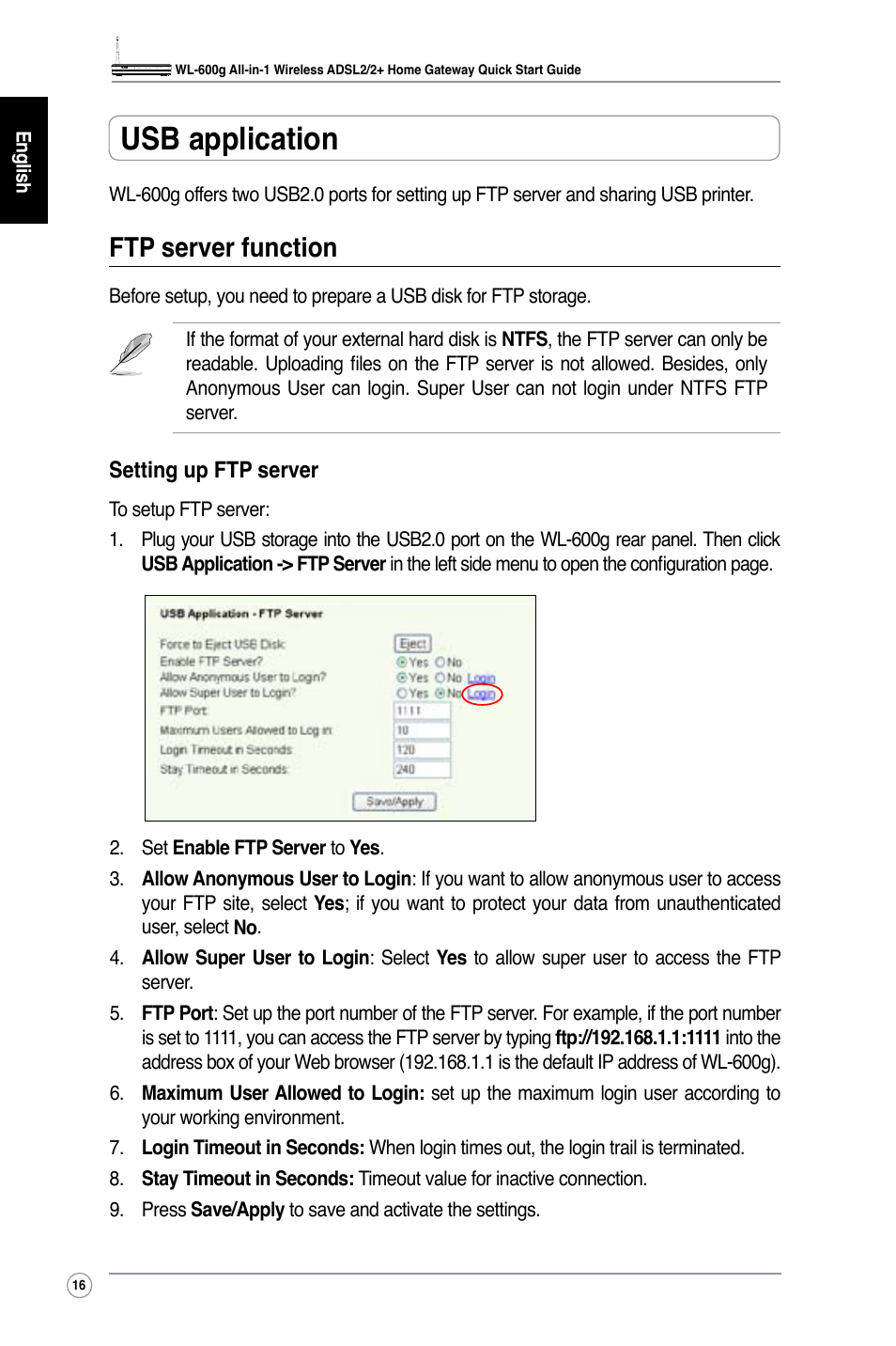 Usb application, Ftp server function | Asus WL-600g User Manual | Page 19 / 227