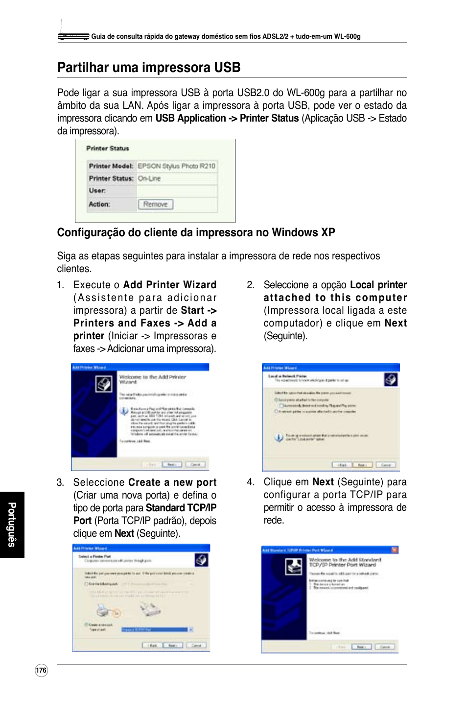 Partilhar uma impressora usb | Asus WL-600g User Manual | Page 191 / 227